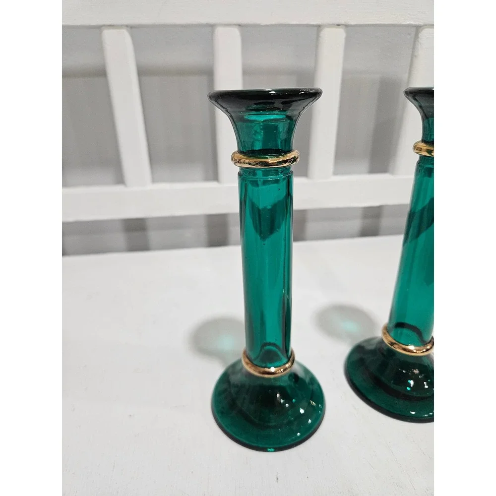 Vtg Pier 1 Emerald Green Glass Blown Glass Candle Holders, Made in Spain, 7.75